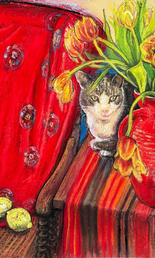 Jasper cat among the Tulips by Patricia Clements