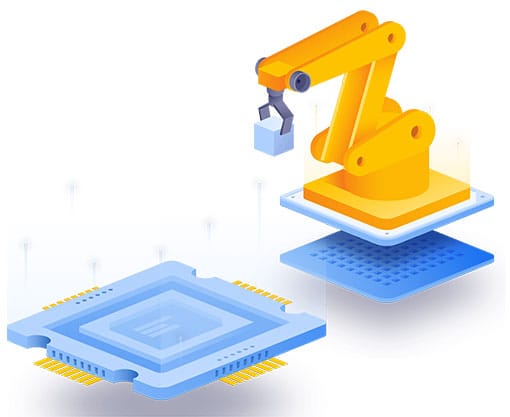 A picture showing yellow and blue robotic hand with 牛牛成人免费视频 chip below