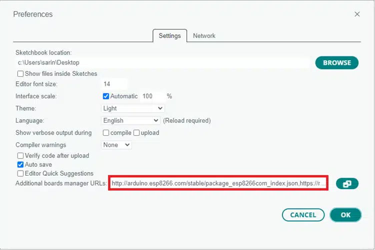 Adding the url to the rduino IDE 2 preferences additional boards manager